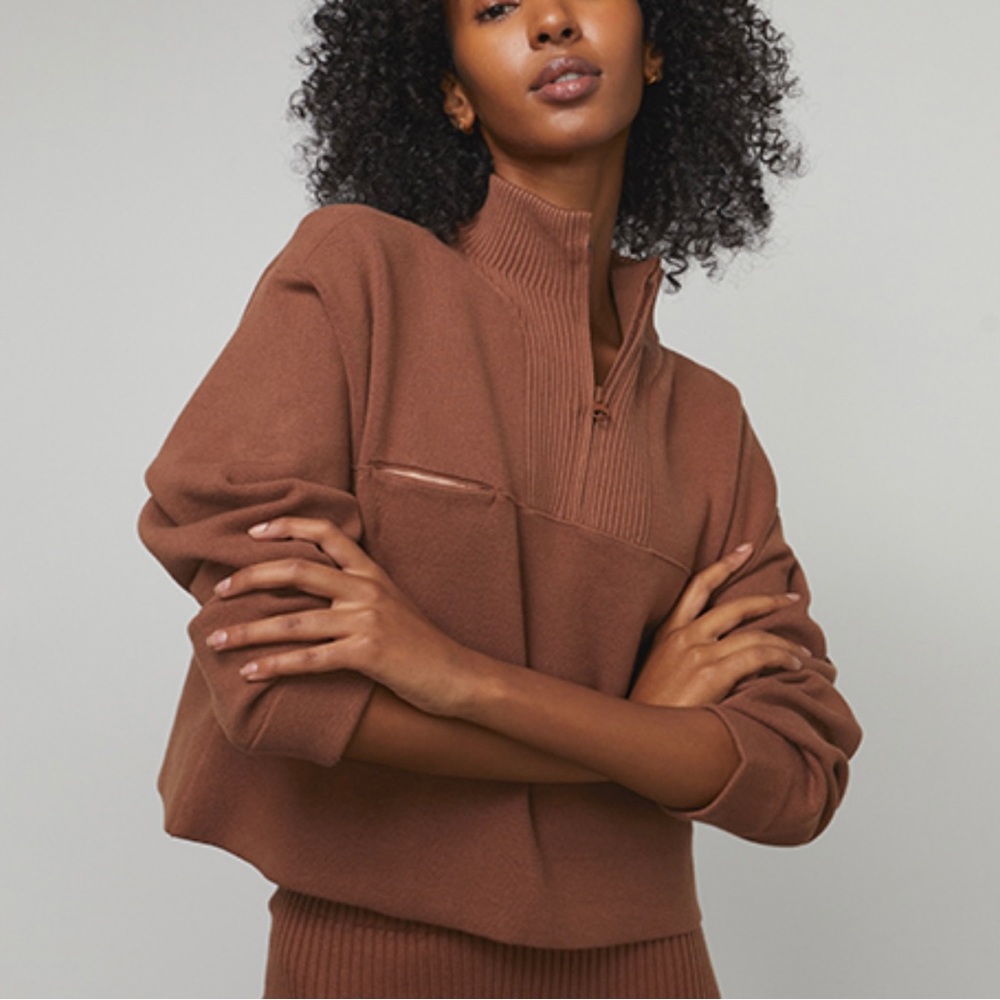 Lunya Cozy cotton silk zip pullover humble brown walnut size